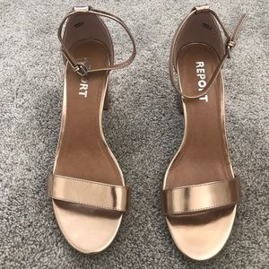 Report Gold block ankle strap heels